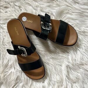 NWOT Aldo black faux croco double strap sandal with silvertone buckle design